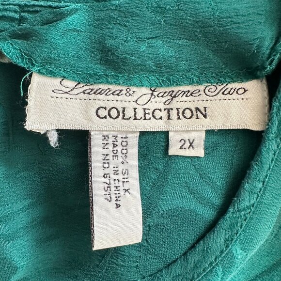 Laura & Jayne Two Women’s 100% Silk Top Teal Green Jacquard Size 2X - Picture 6 of 7